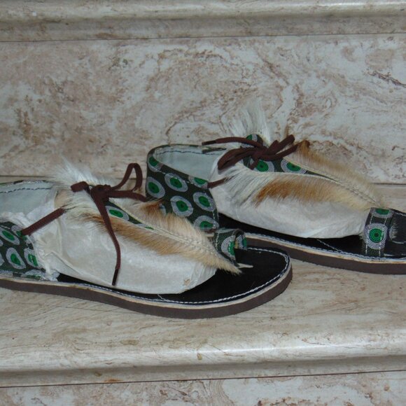 Boho Hippie African Springbok Fur Hide Zulu Imbadada Leather Batik Sandals Women - Picture 7 of 14